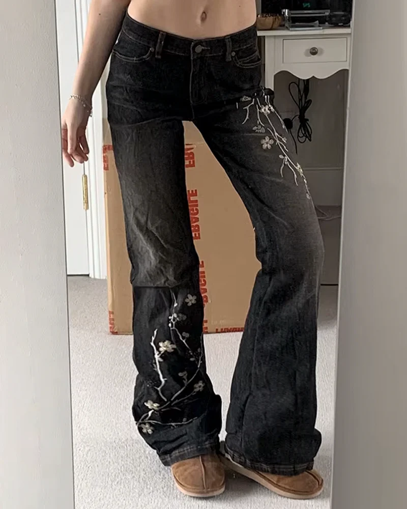 フローラル刺繍フレアジーンズ - Y2K WEAR