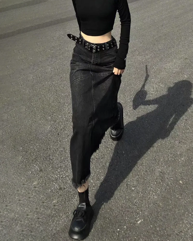 ロングブラックデニムスカート - Y2K WEAR