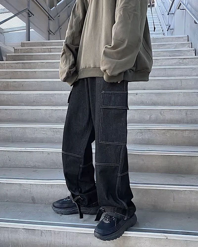 ホワイトステッチング入りメンズブラックジーンズ - Y2K WEAR