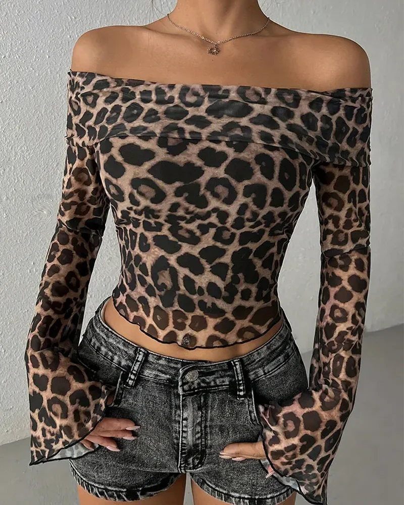 レオパード柄オフザショルダートップス - Y2K WEAR
