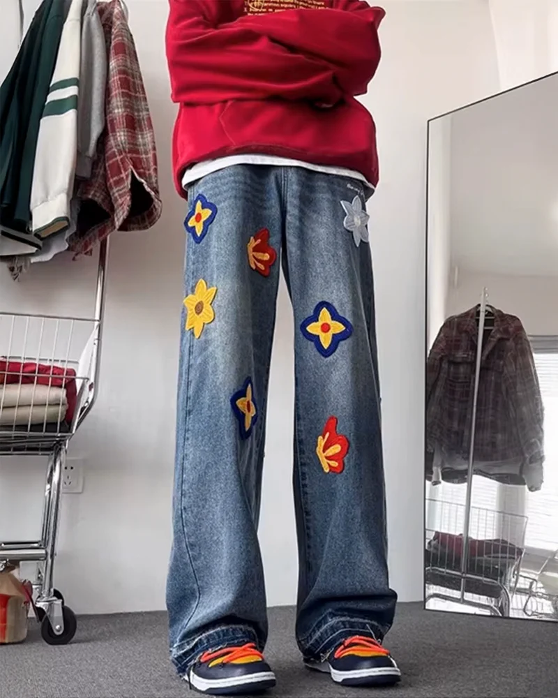 フラワー刺繍ジーンズ メンズ - Y2K WEAR